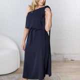 Gemma Asymmetrical Neck Midi Dress - Navy