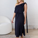 Gemma Asymmetrical Neck Midi Dress - Navy