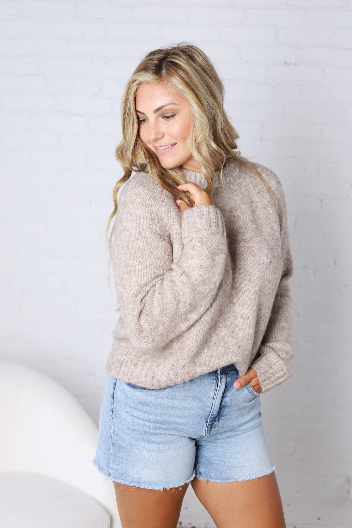Gemma Speckled Crew Neck Knit Sweater - Oatmeal