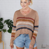 Genell Rainbow Stripe Long Sleeve Knit Sweater - Mocha