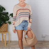 Genell Rainbow Stripe Long Sleeve Knit Sweater - Natural