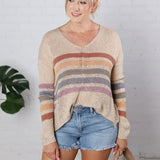 Genell Rainbow Stripe Long Sleeve Knit Sweater - Natural
