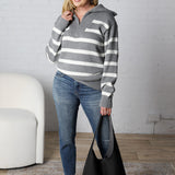 Genevieve Striped Zip Pullover Sweater - H Grey/White