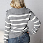 Genevieve Striped Zip Pullover Sweater - H Grey/White