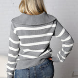 Genevieve Striped Zip Pullover Sweater - H Grey/White