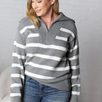 Genevieve Striped Zip Pullover Sweater - H Grey/White