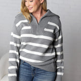 Genevieve Striped Zip Pullover Sweater - H Grey/White