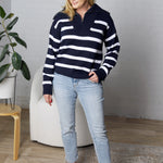 Genevieve Striped Zip Pullover Sweater - Navy/White