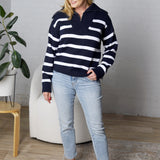 Genevieve Striped Zip Pullover Sweater - Navy/White