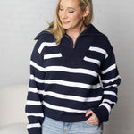 Genevieve Striped Zip Pullover Sweater - Navy/White