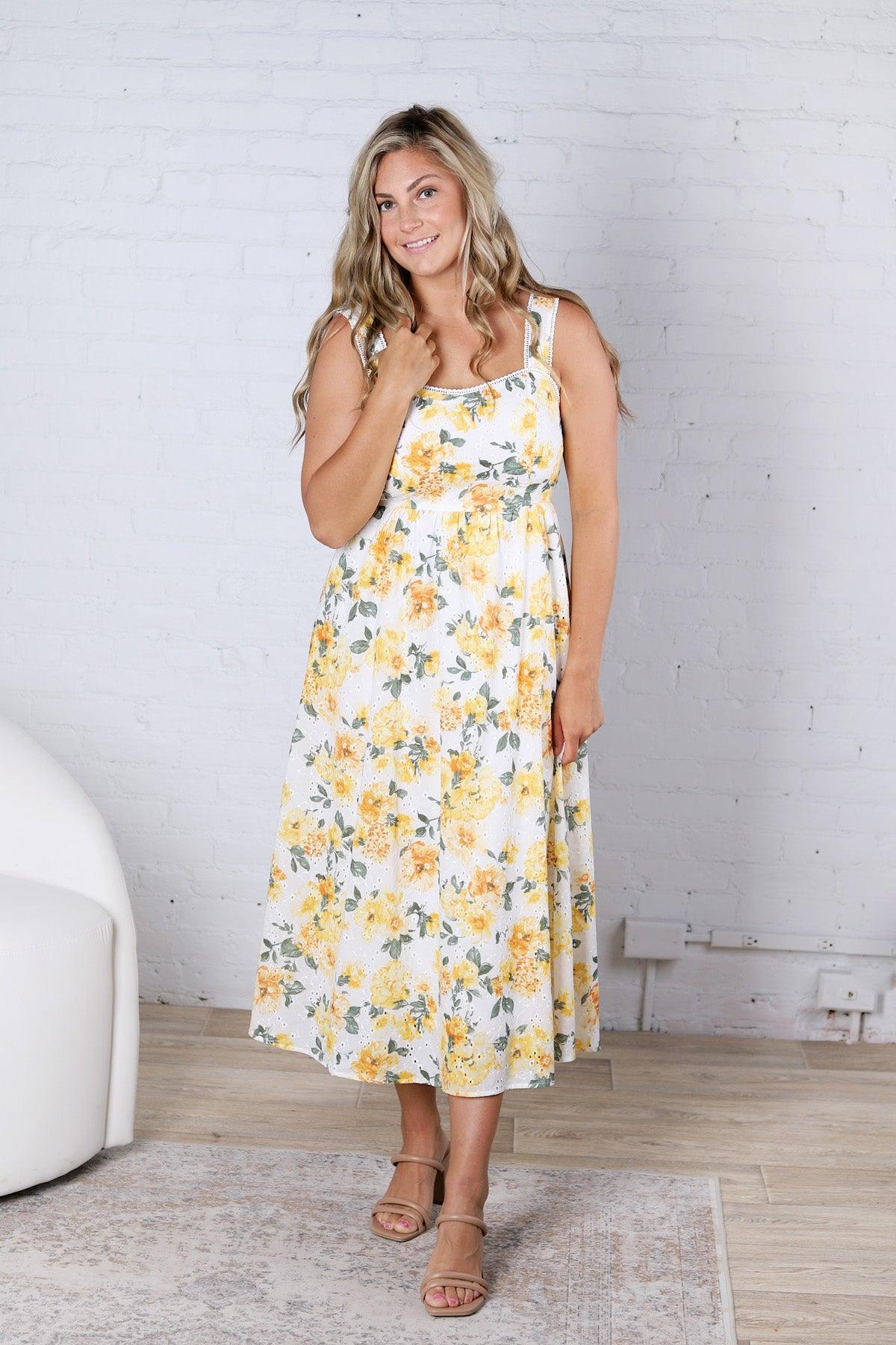 Georgia Floral Eyelet Pattern Scallop Lace Trim Midi Dress FINAL SALE