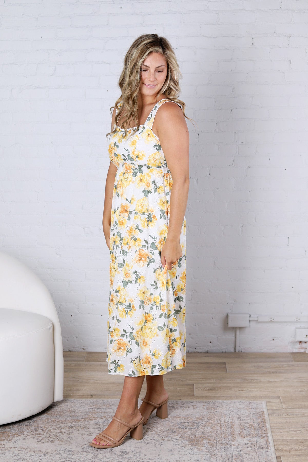 Georgia Floral Eyelet Pattern Scallop Lace Trim Midi Dress FINAL SALE