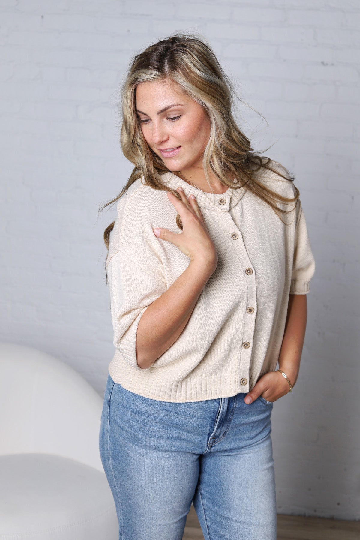 Gisella Raw Edge Short Sleeve Cardigan - Natural