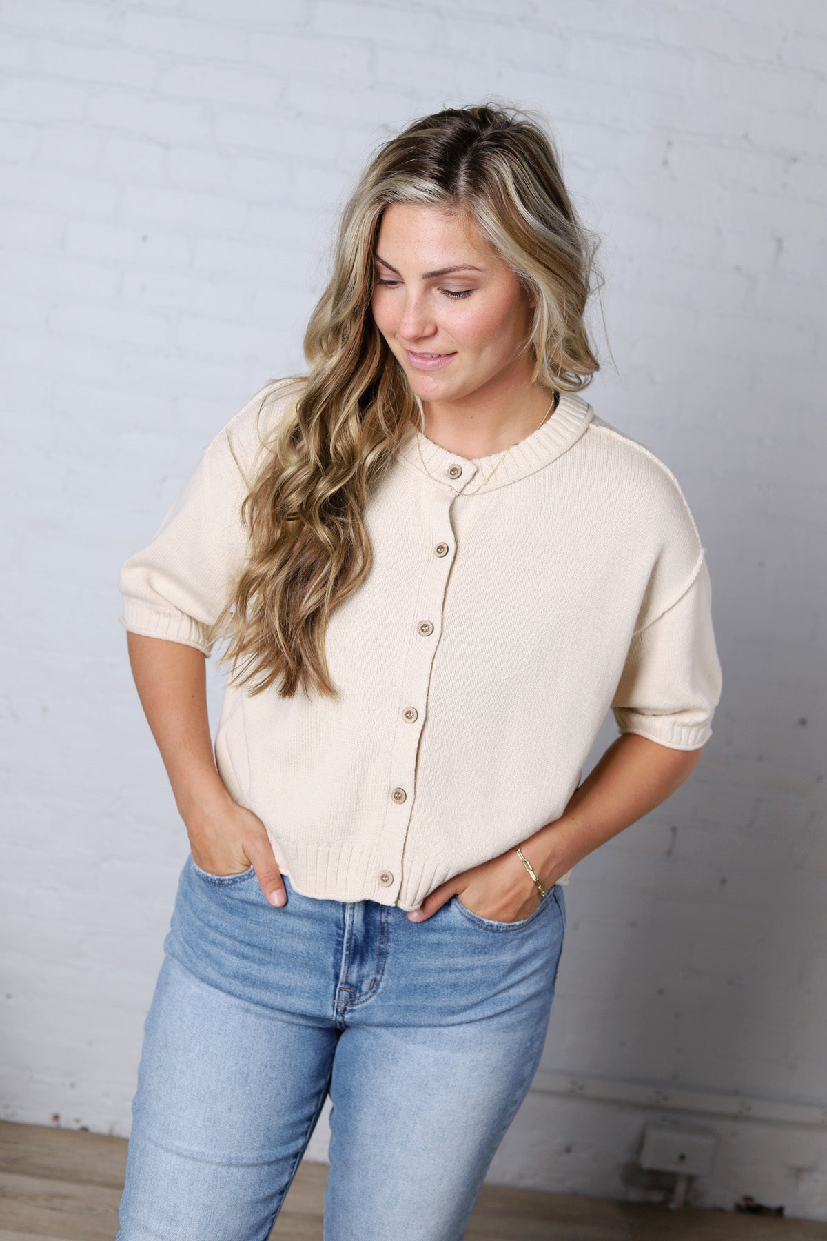Gisella Raw Edge Short Sleeve Cardigan - Natural