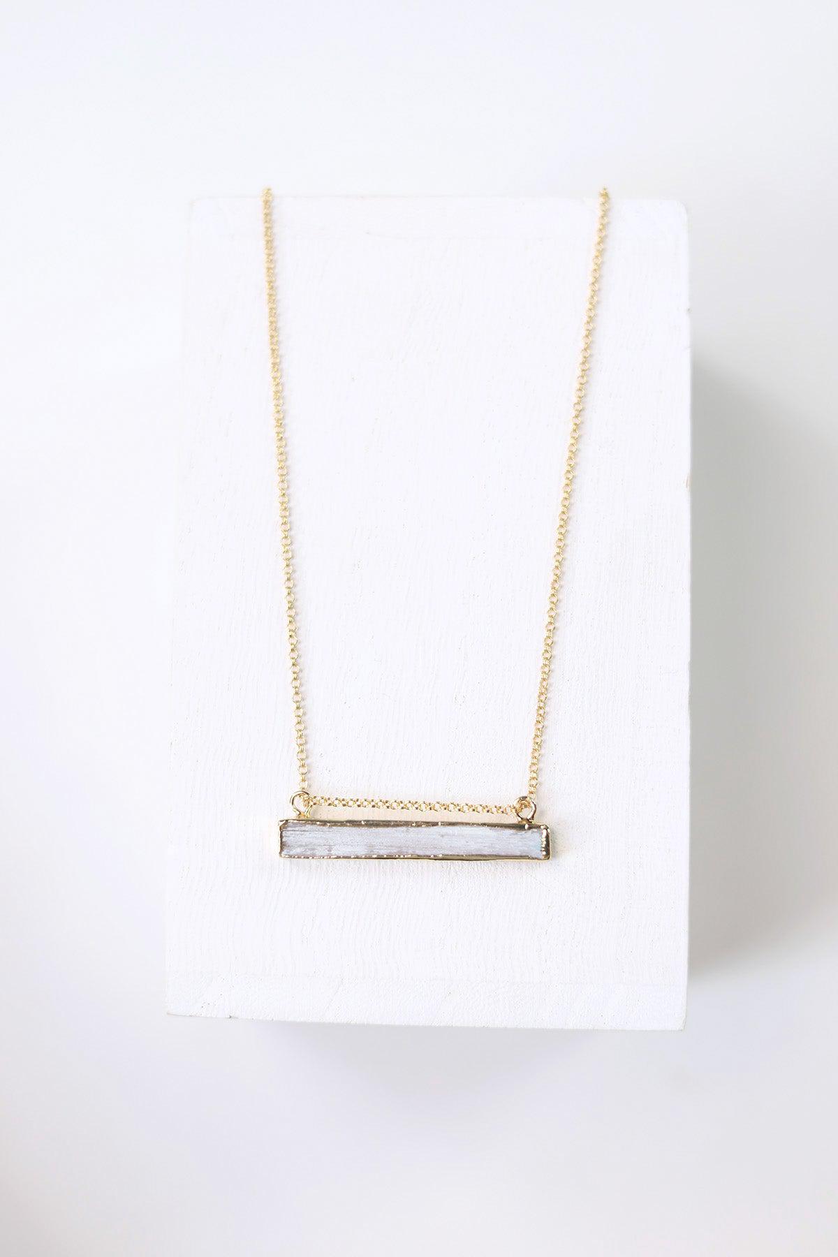 Gold Plated Bar Gemstone Necklace - Selenite