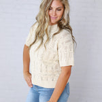 Gracey Crochet Knit Puff Sleeve Sweater Top - Cream