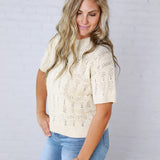 Gracey Crochet Knit Puff Sleeve Sweater Top - Cream