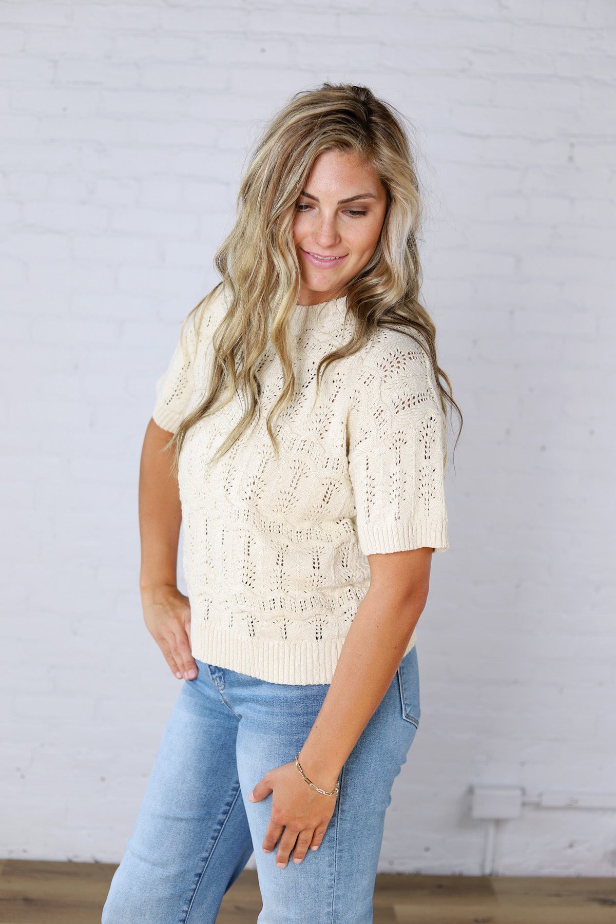 Gracey Crochet Knit Puff Sleeve Sweater Top - Cream