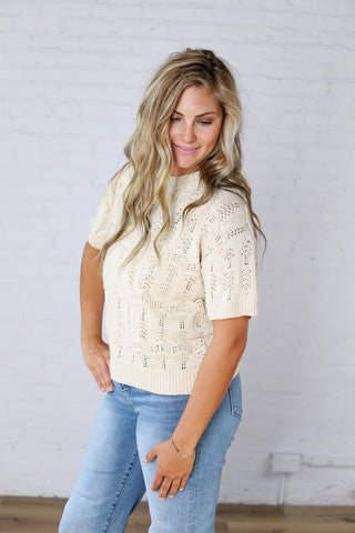 Gracey Crochet Knit Puff Sleeve Sweater Top - Cream
