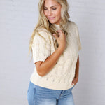 Gracey Crochet Knit Puff Sleeve Sweater Top - Cream