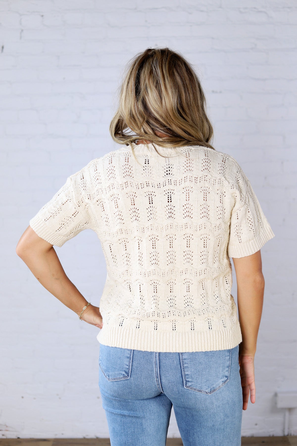 Gracey Crochet Knit Puff Sleeve Sweater Top - Cream