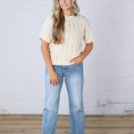 Gracey Crochet Knit Puff Sleeve Sweater Top - Cream