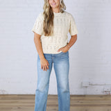 Gracey Crochet Knit Puff Sleeve Sweater Top - Cream