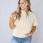 Gracey Crochet Knit Puff Sleeve Sweater Top - Cream