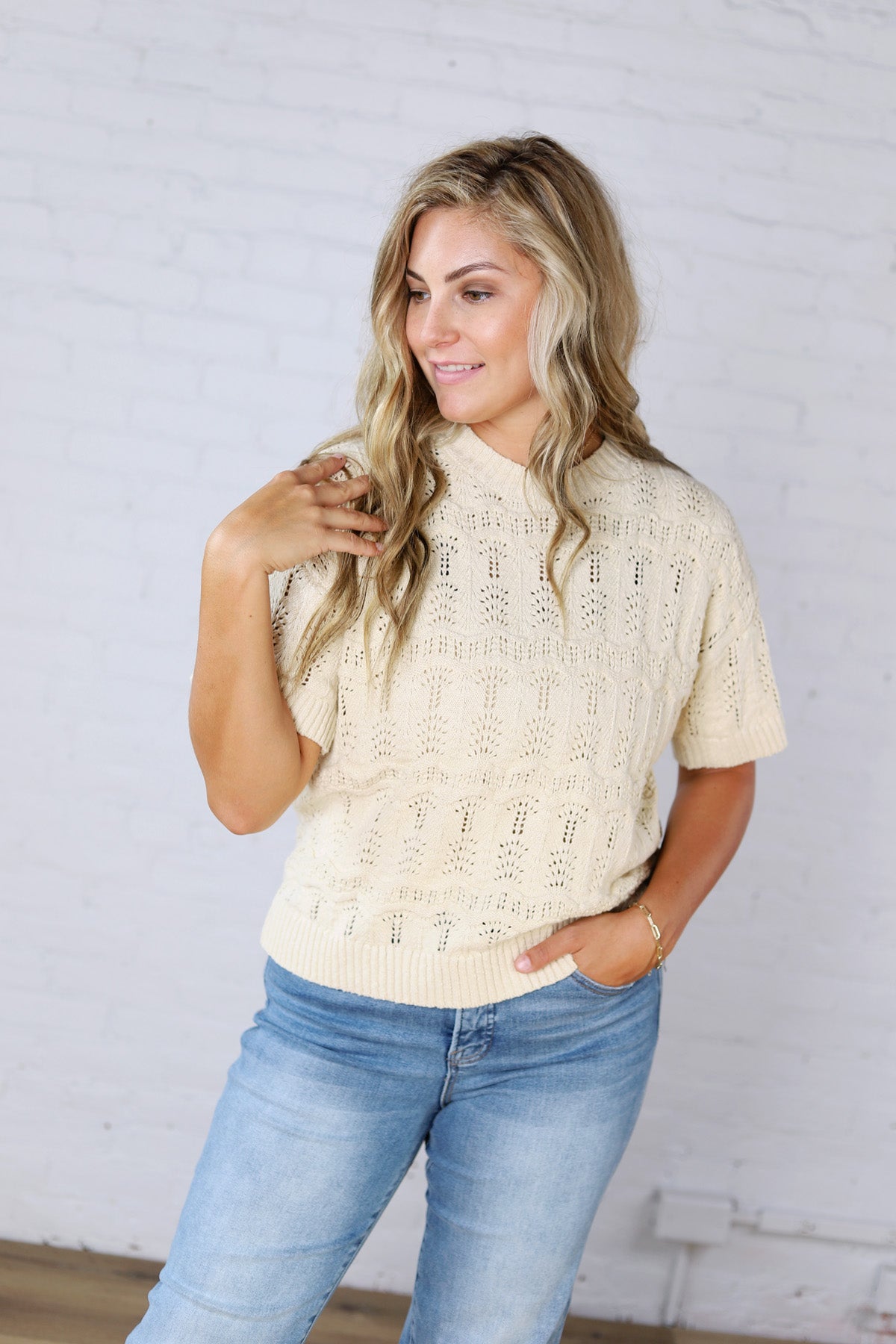 Gracey Crochet Knit Puff Sleeve Sweater Top - Cream