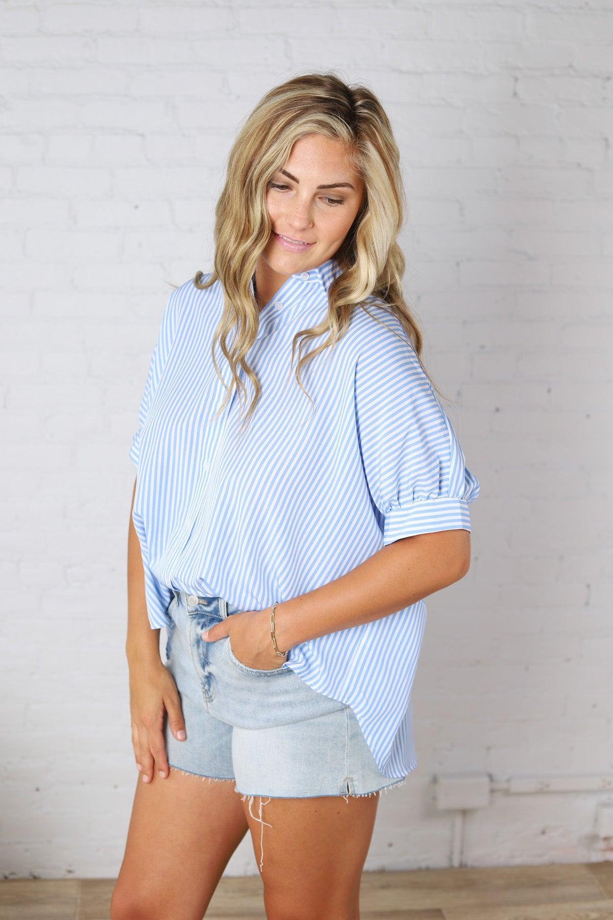 Greer Oversized Button Down Top - Blue FINAL SALE
