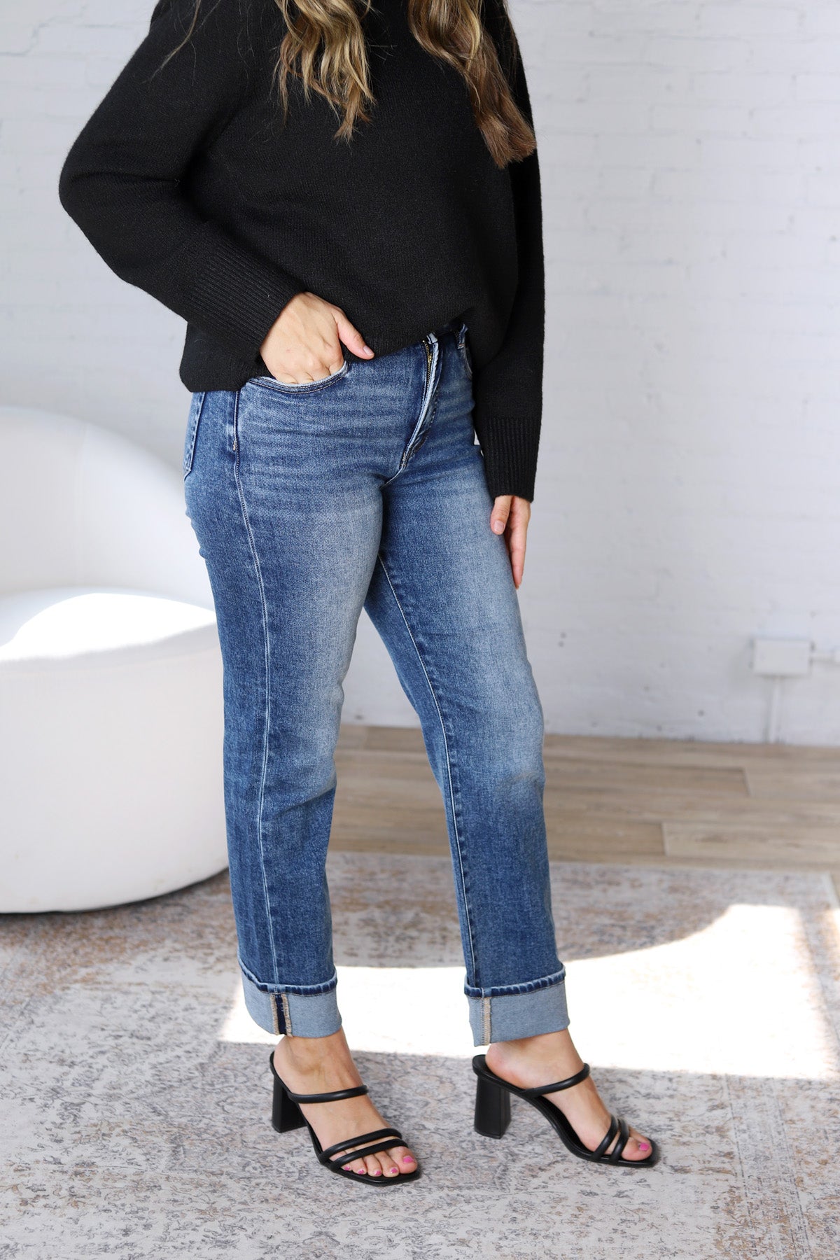 Greer Straight Crop Cuff Jeans - Dark Wash - Risen Jeans