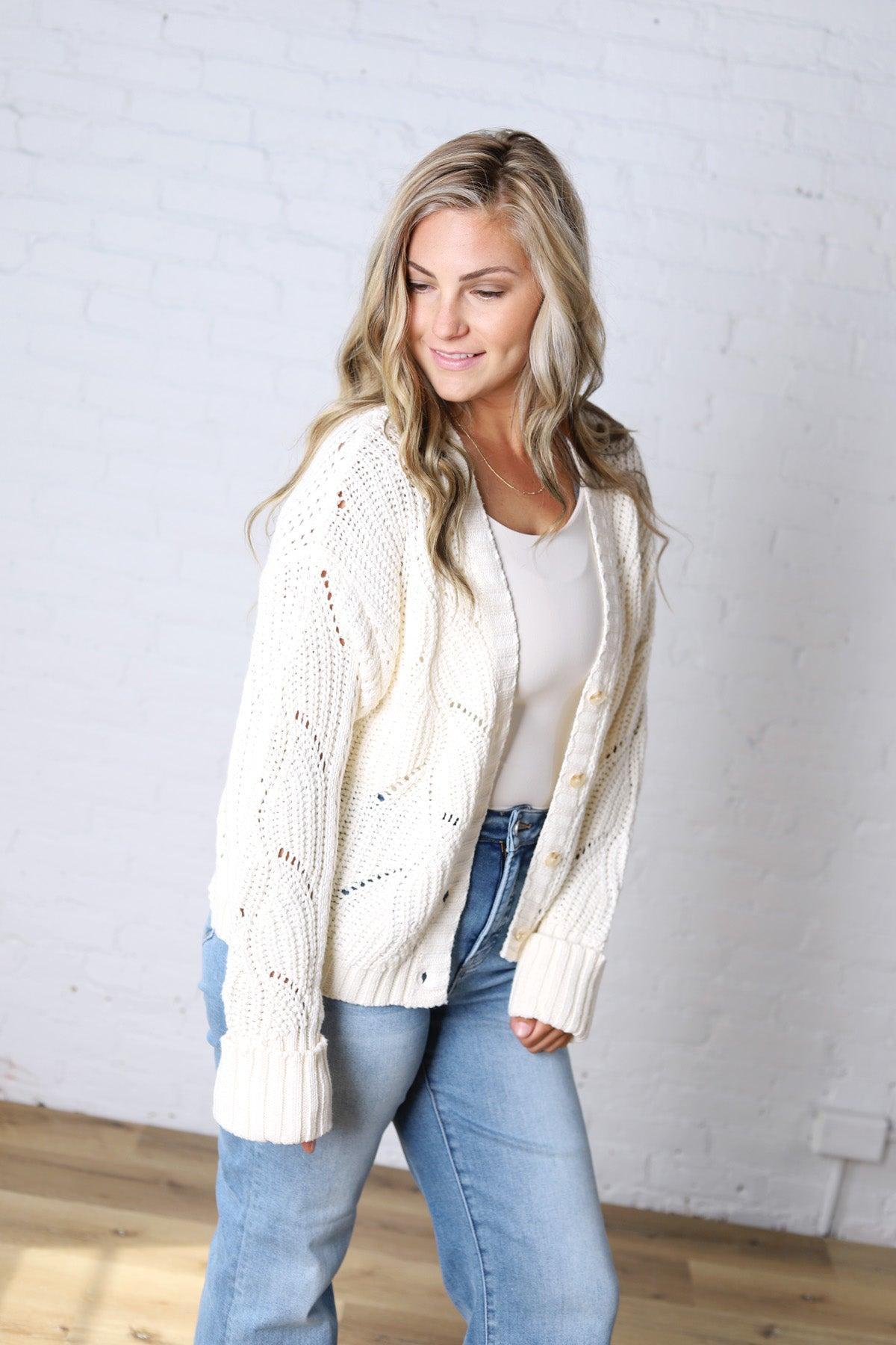 Greta Chunky Cotton Crochet Cardigan - Snow White