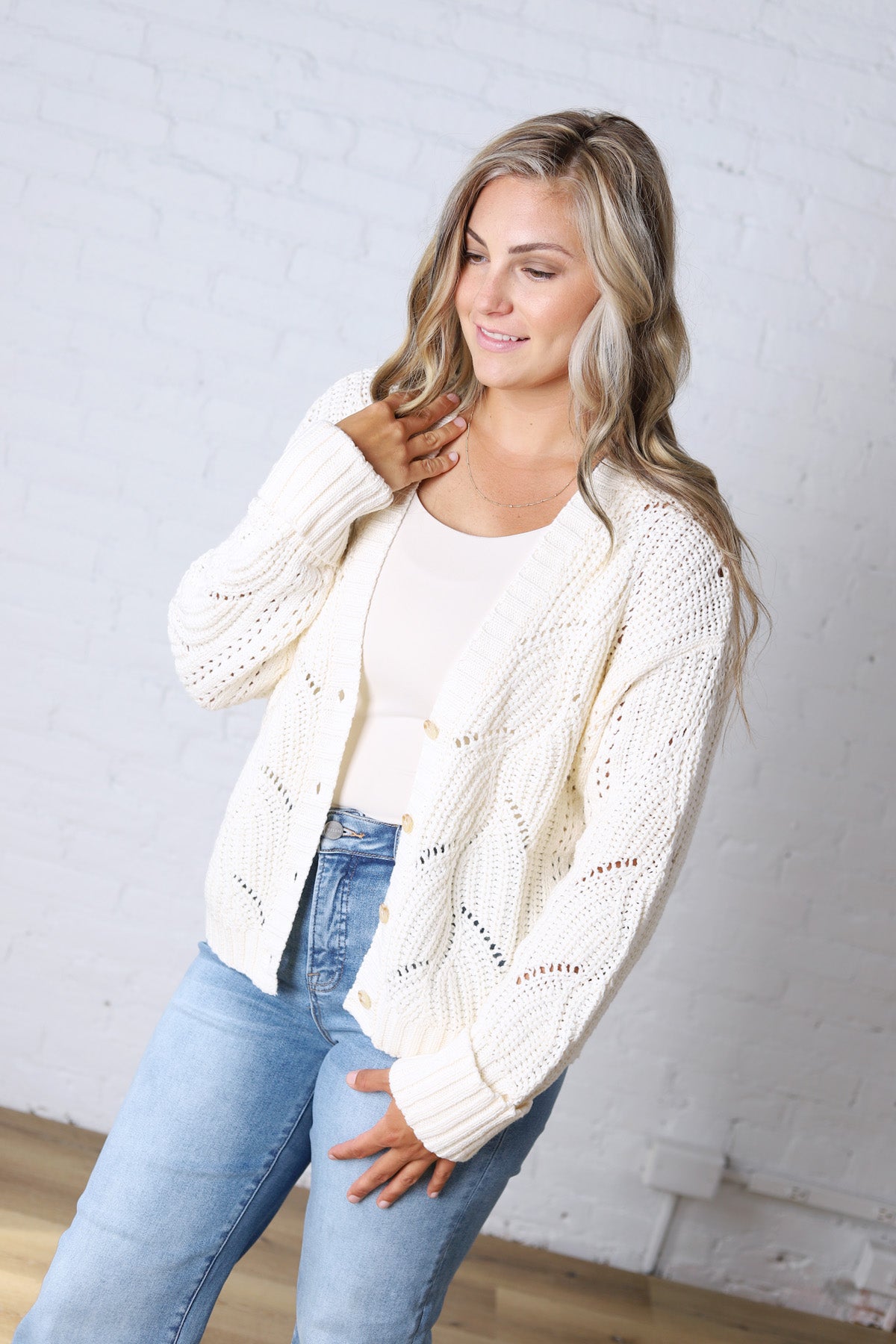 Greta Chunky Cotton Crochet Cardigan - Snow White