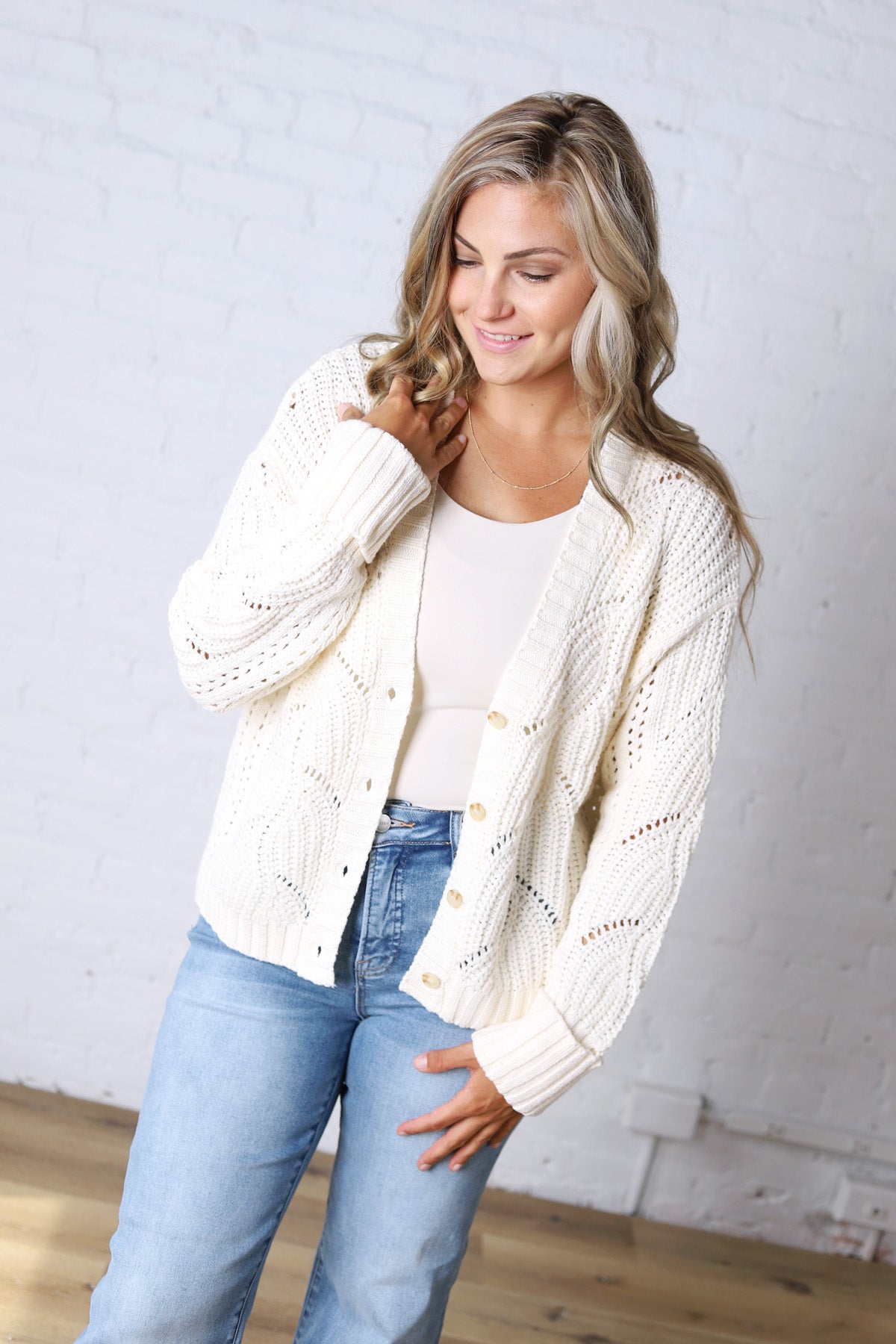 Greta Chunky Cotton Crochet Cardigan - Snow White