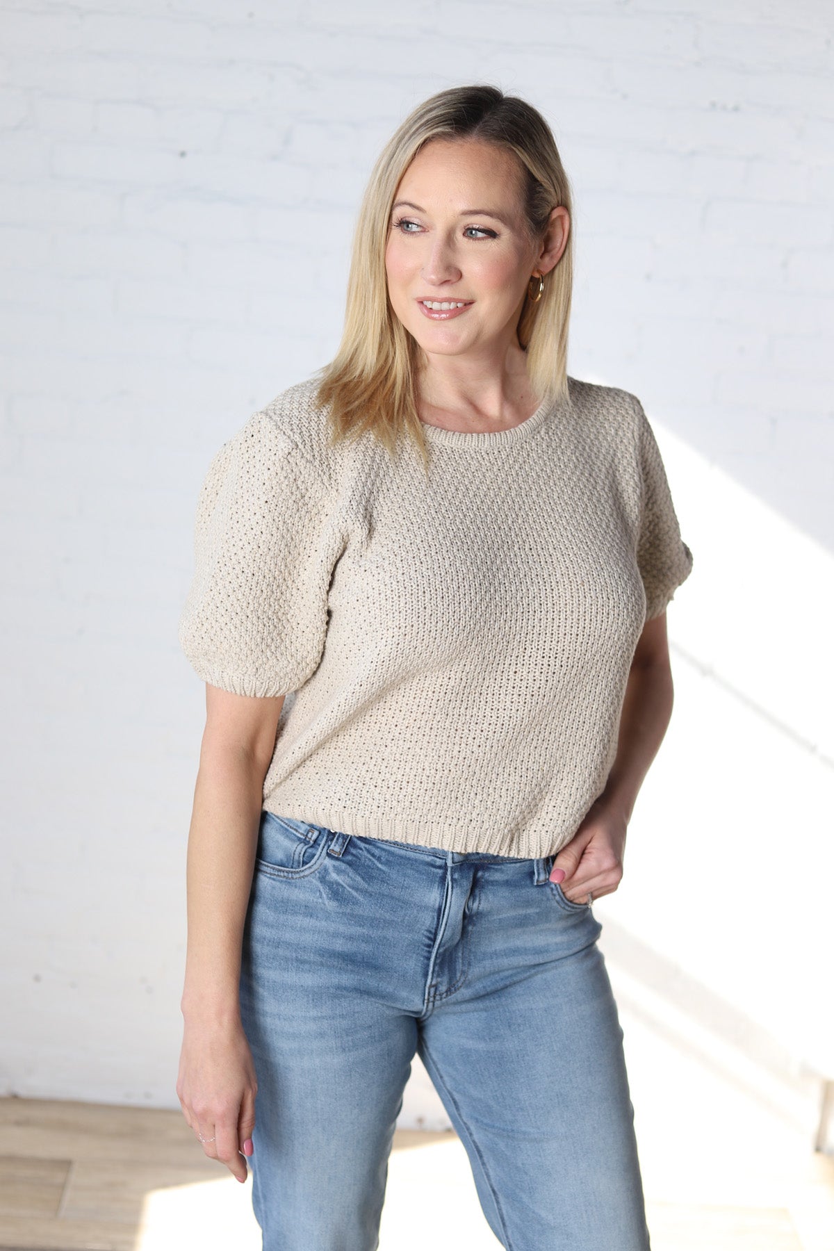 Gwen Short Sleeve Textured Sweater Top - Oatmeal