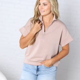 Haislee Modal Luxe Quarter Zip Short Sleeve Top - Light Mocha