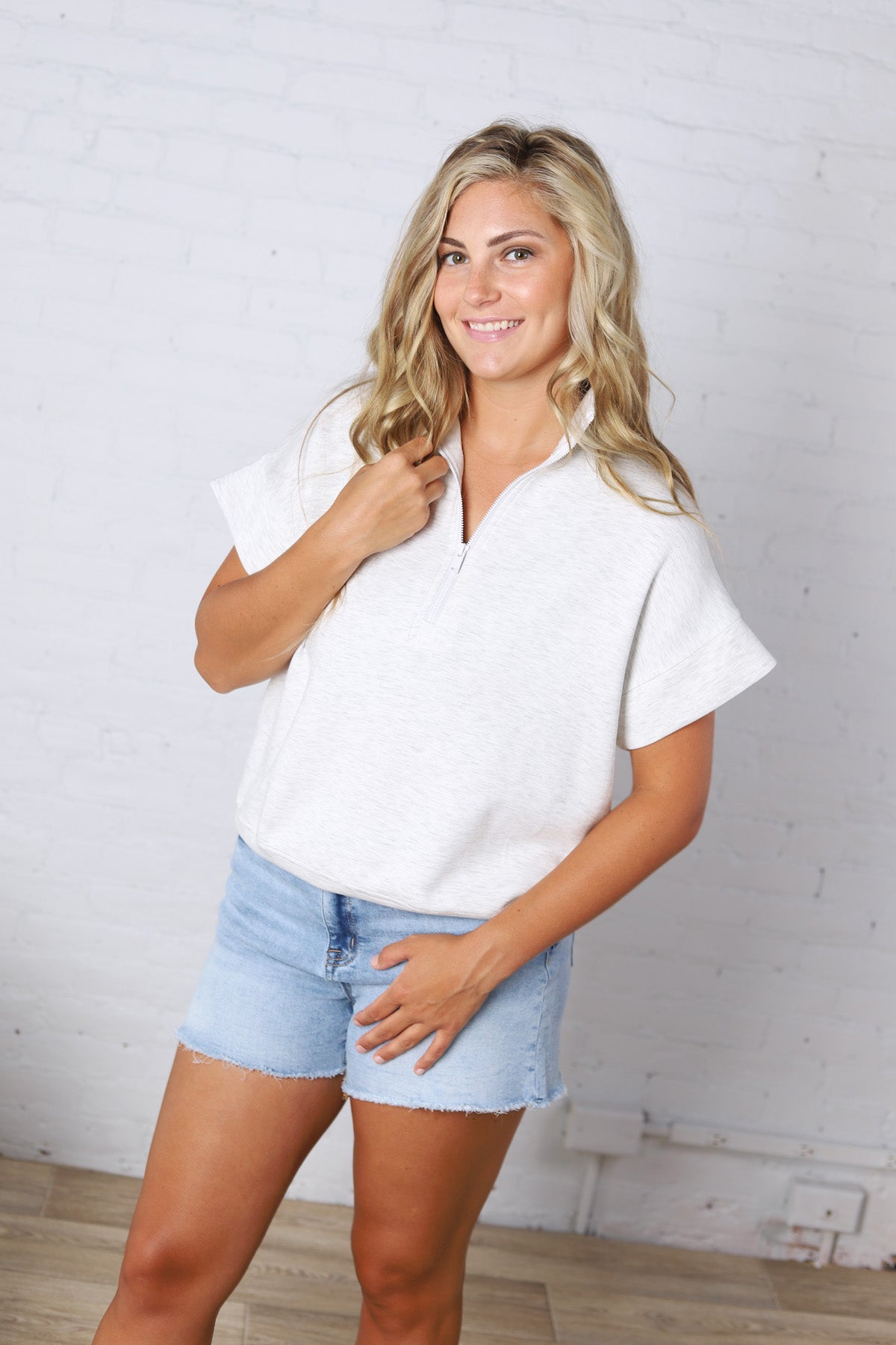 Haislee Modal Luxe Quarter Zip Short Sleeve Top - Lt H Grey