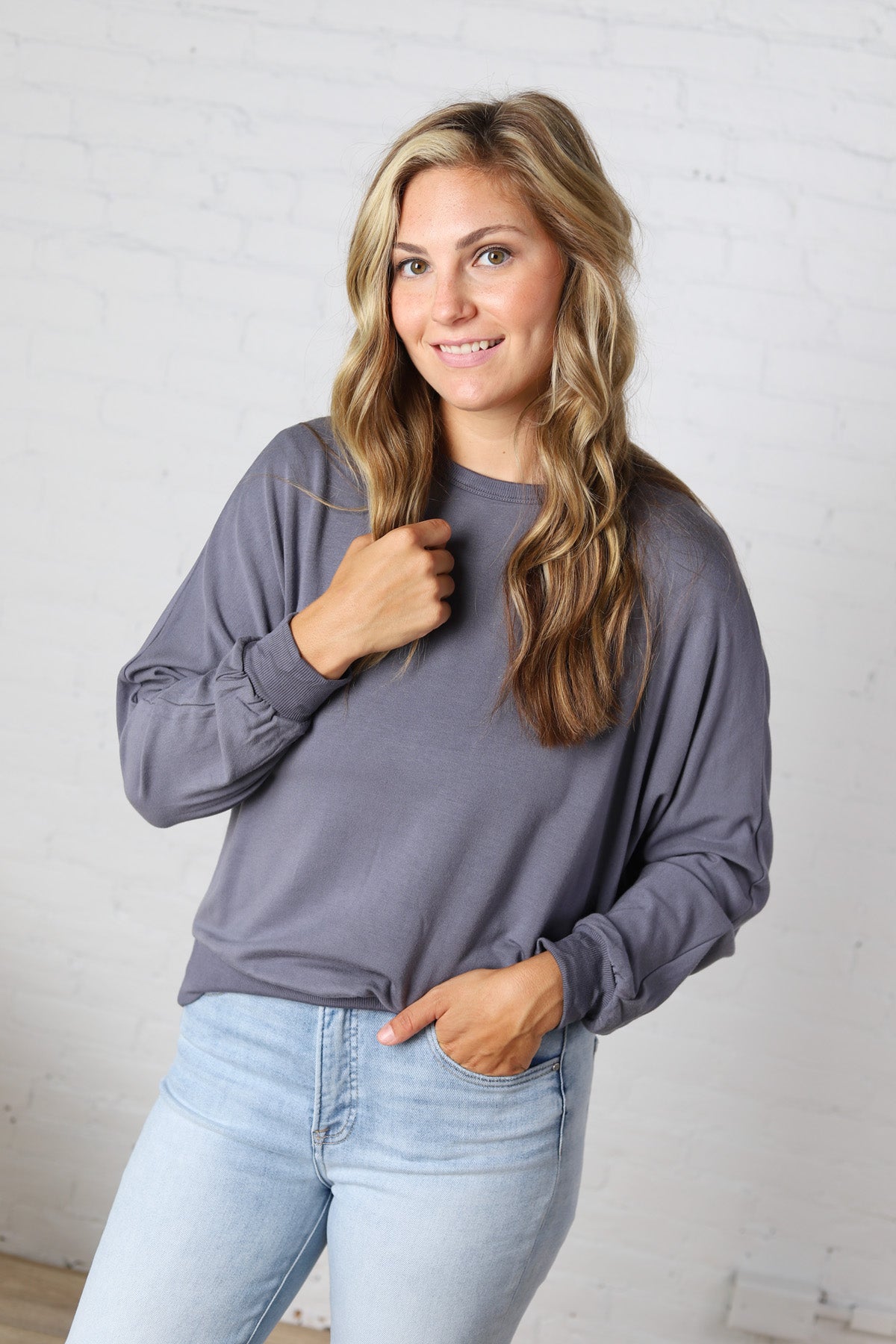 Haisley Modal Dorman Sleeve Top - Charcoal Blue