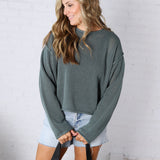 Halora Textured Knit Drop Shoulder Sweater - Ash Jade