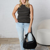 Harbor Striped High Neck Sweater Tank - Black/Taupe