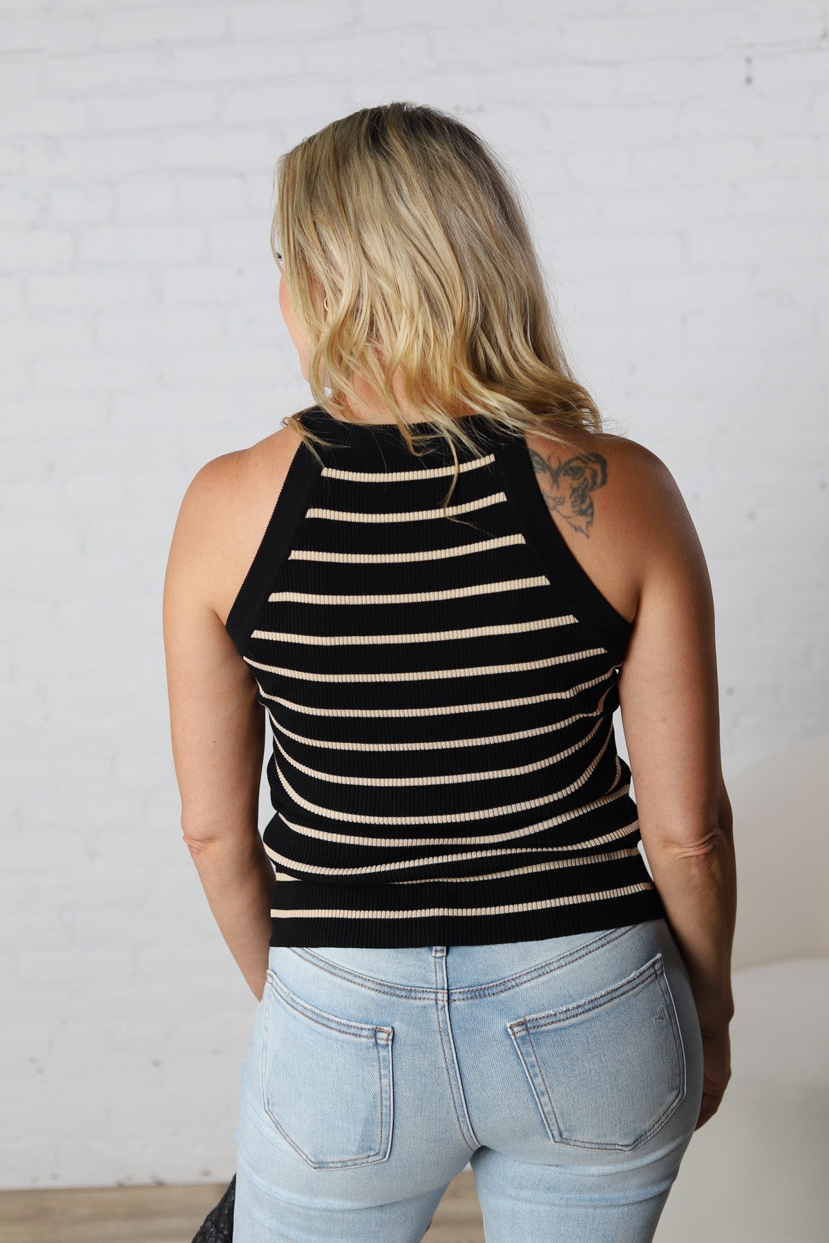 Harbor Striped High Neck Sweater Tank - Black/Taupe