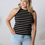 Harbor Striped High Neck Sweater Tank - Black/Taupe