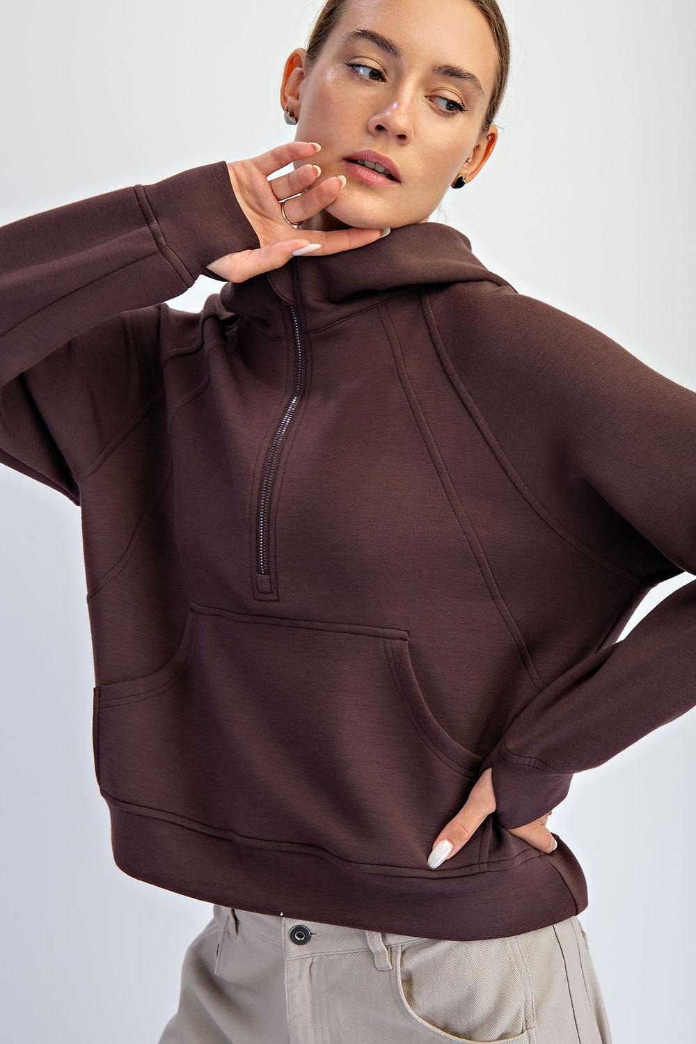 Harlen Modal Quarter Zip Hoodie Jacket - Espresso