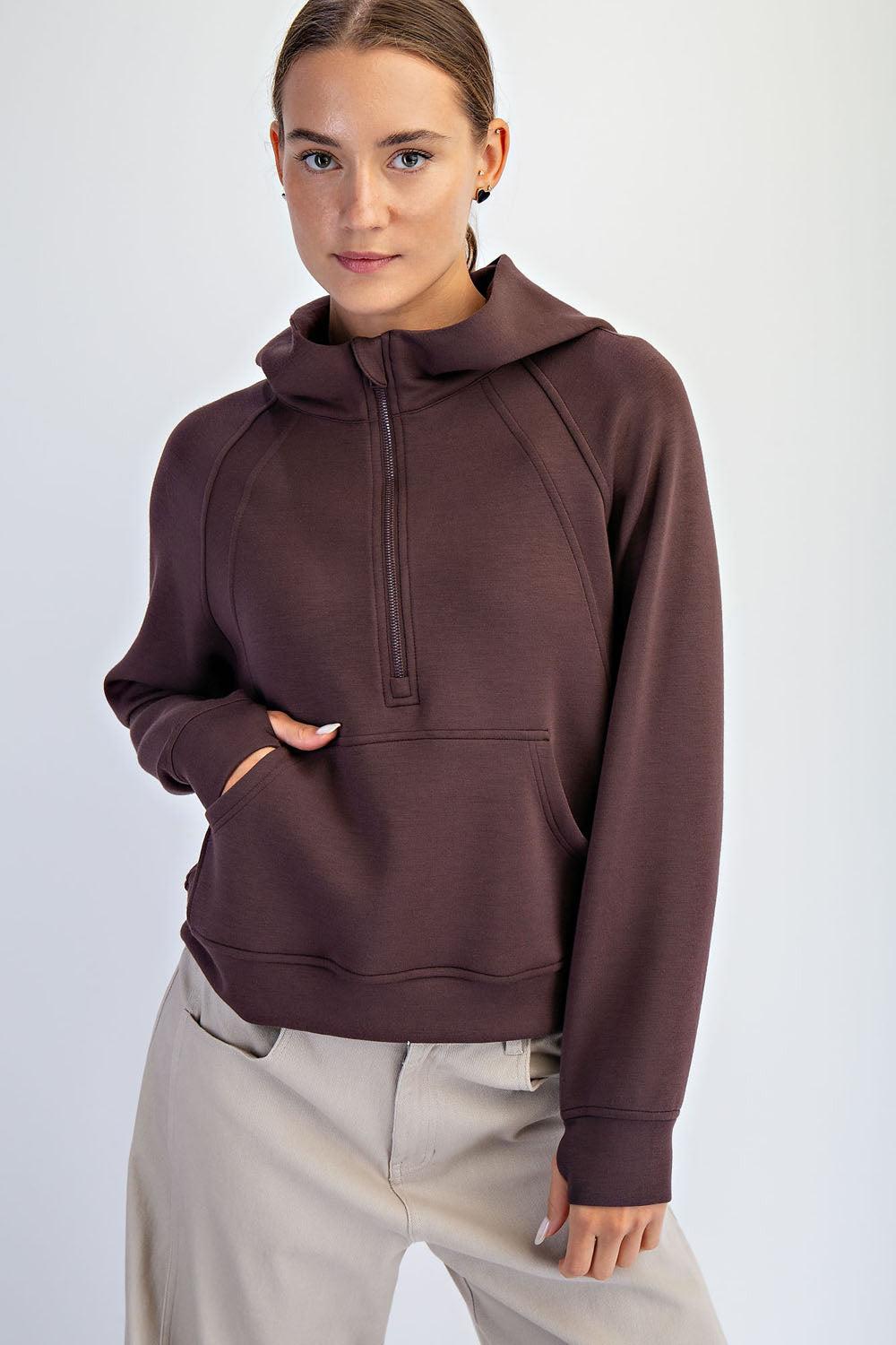 Harlen Modal Quarter Zip Hoodie Jacket - Espresso