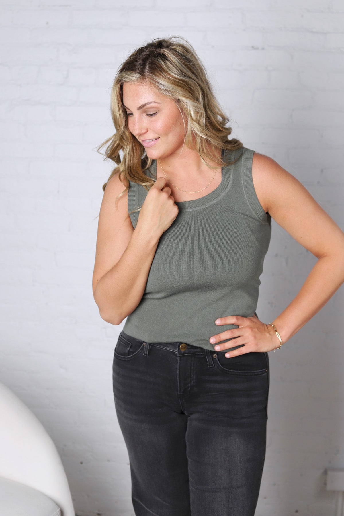 Harlie Scoop Neck Sweater Tank - Olive
