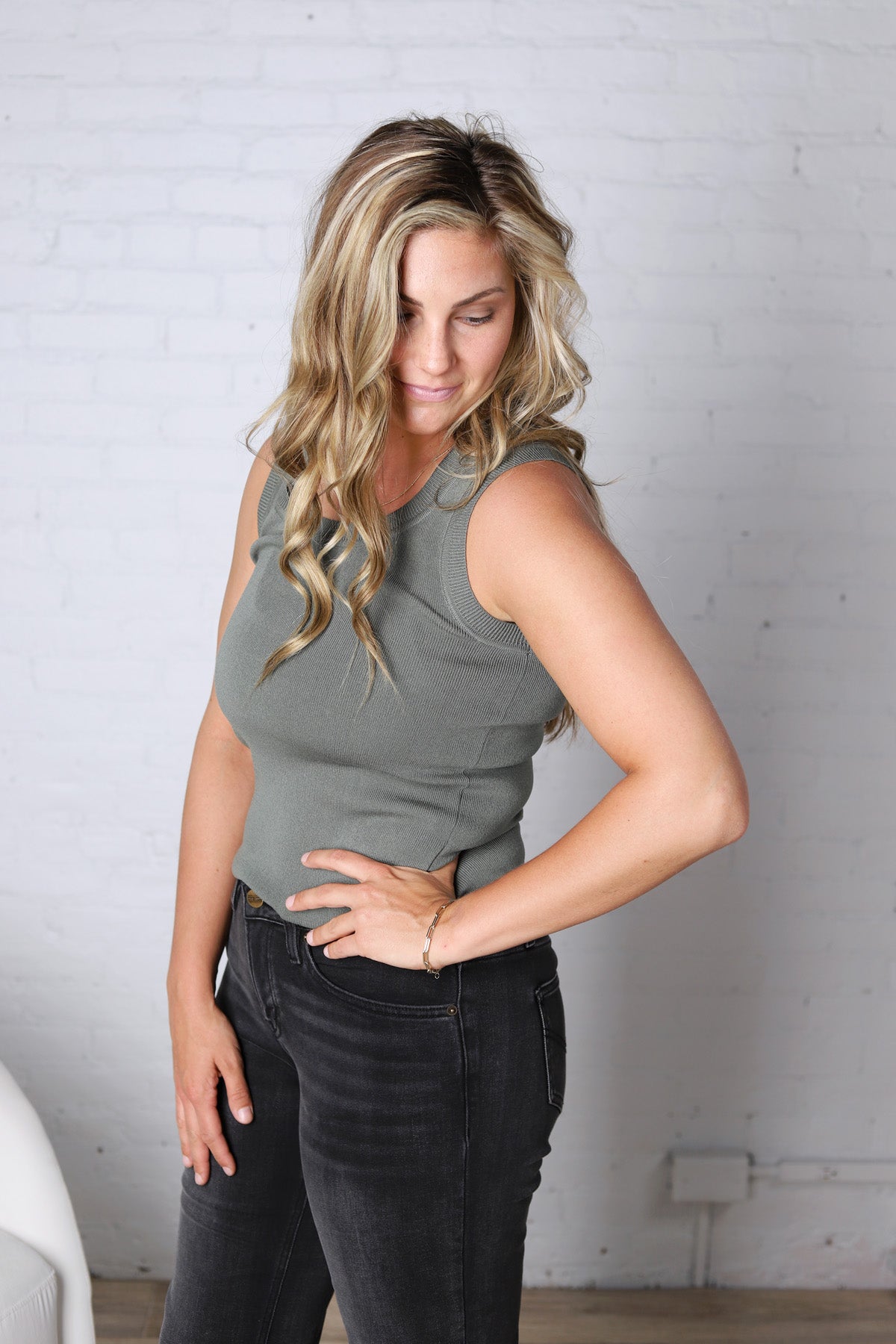 Harlie Scoop Neck Sweater Tank - Olive