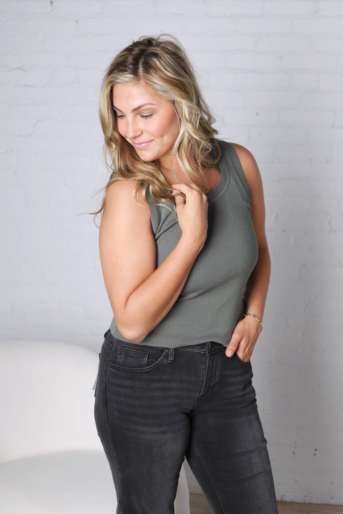 Harlie Scoop Neck Sweater Tank - Olive