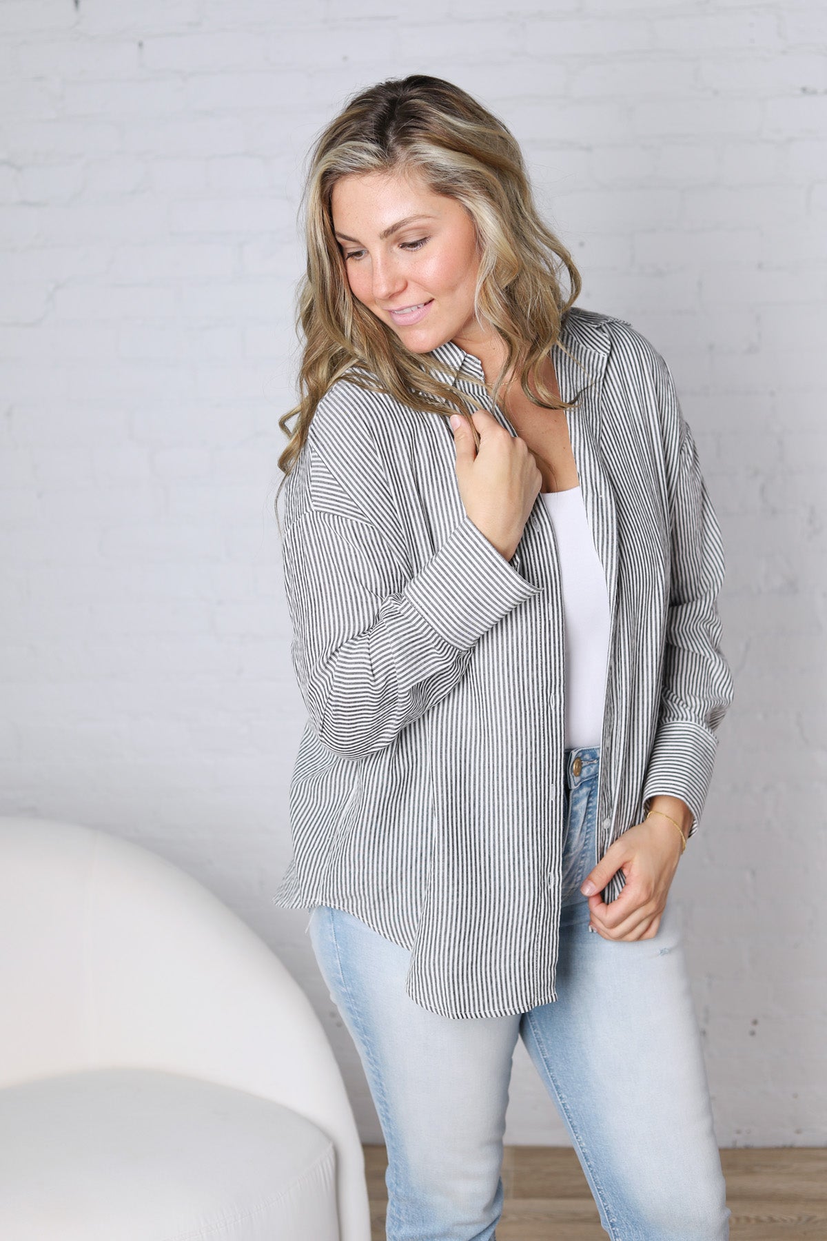 Harlow Stripe Oversized Button Down Shirt - Black