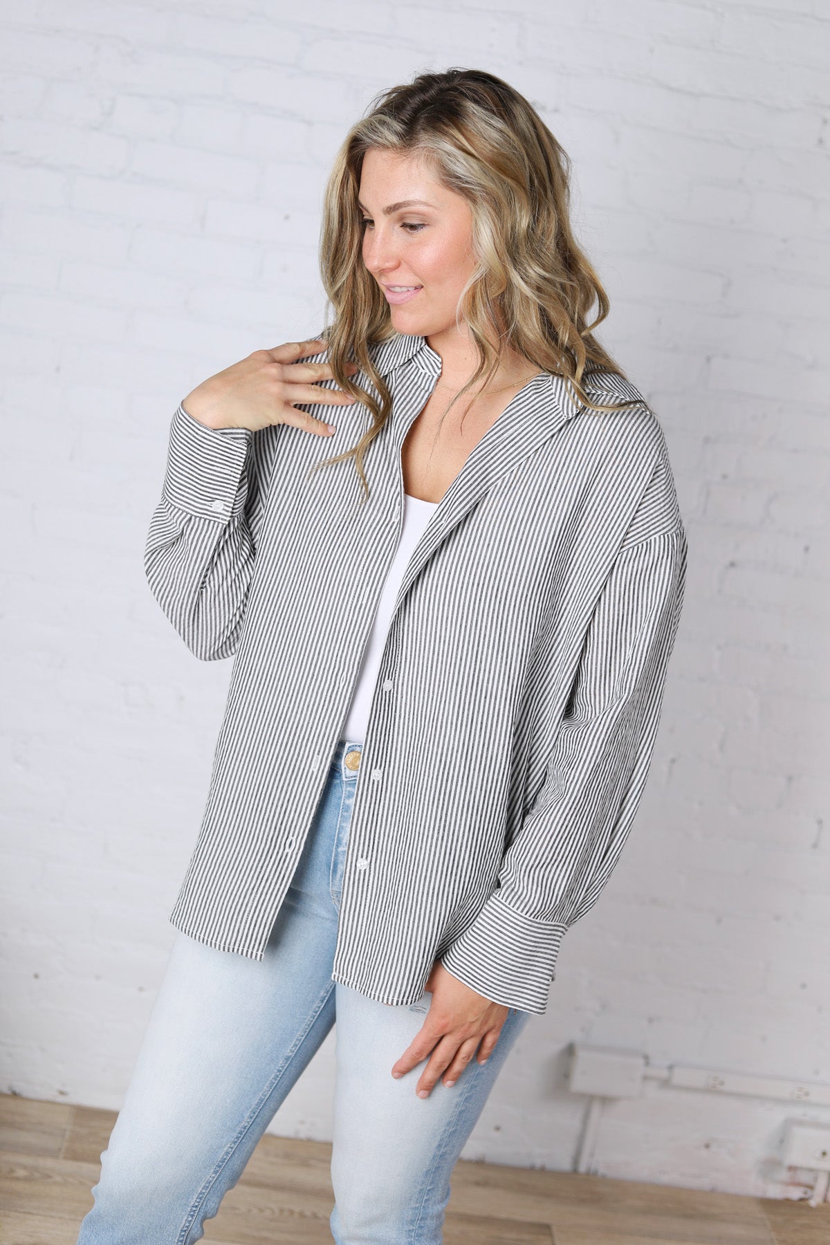 Harlow Stripe Oversized Button Down Shirt - Black