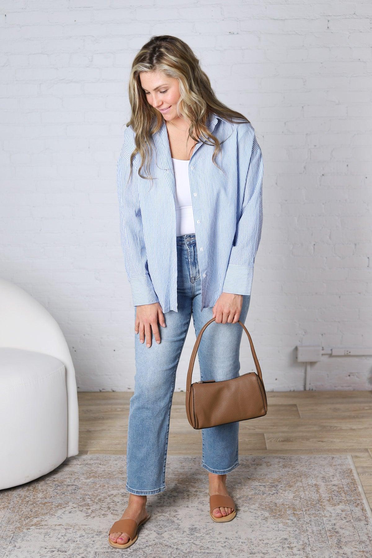 Harlow Stripe Oversized Button Down Shirt - Blue